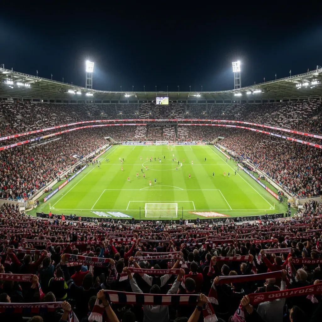 High-angle view of a packed Portuguese football stadium interior with fans cheering under floodlights
