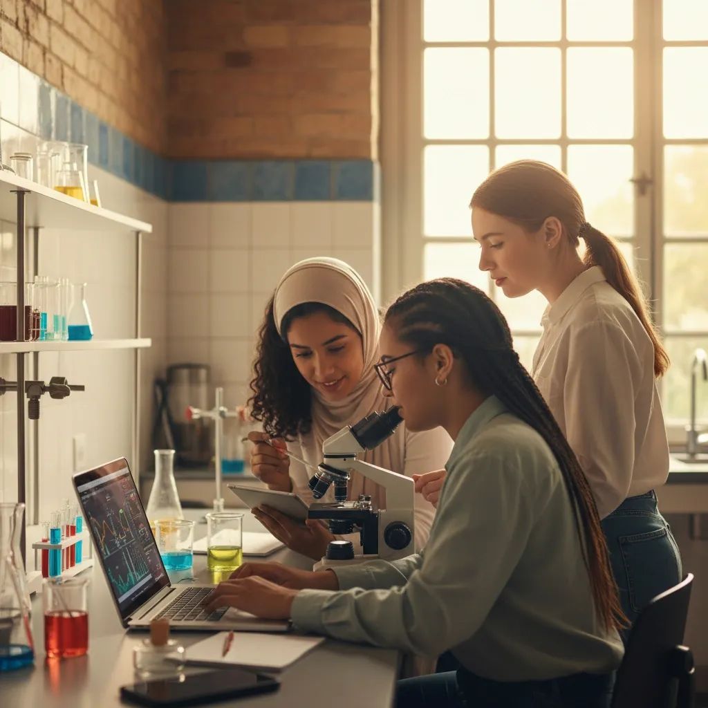 Female students studying together in a science laboratory with technology equipment
