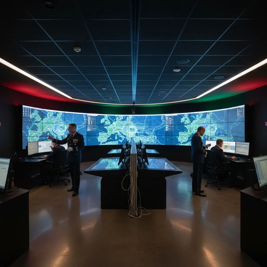 Modern military command center with NATO strategic focus and Portuguese personnel in uniforms