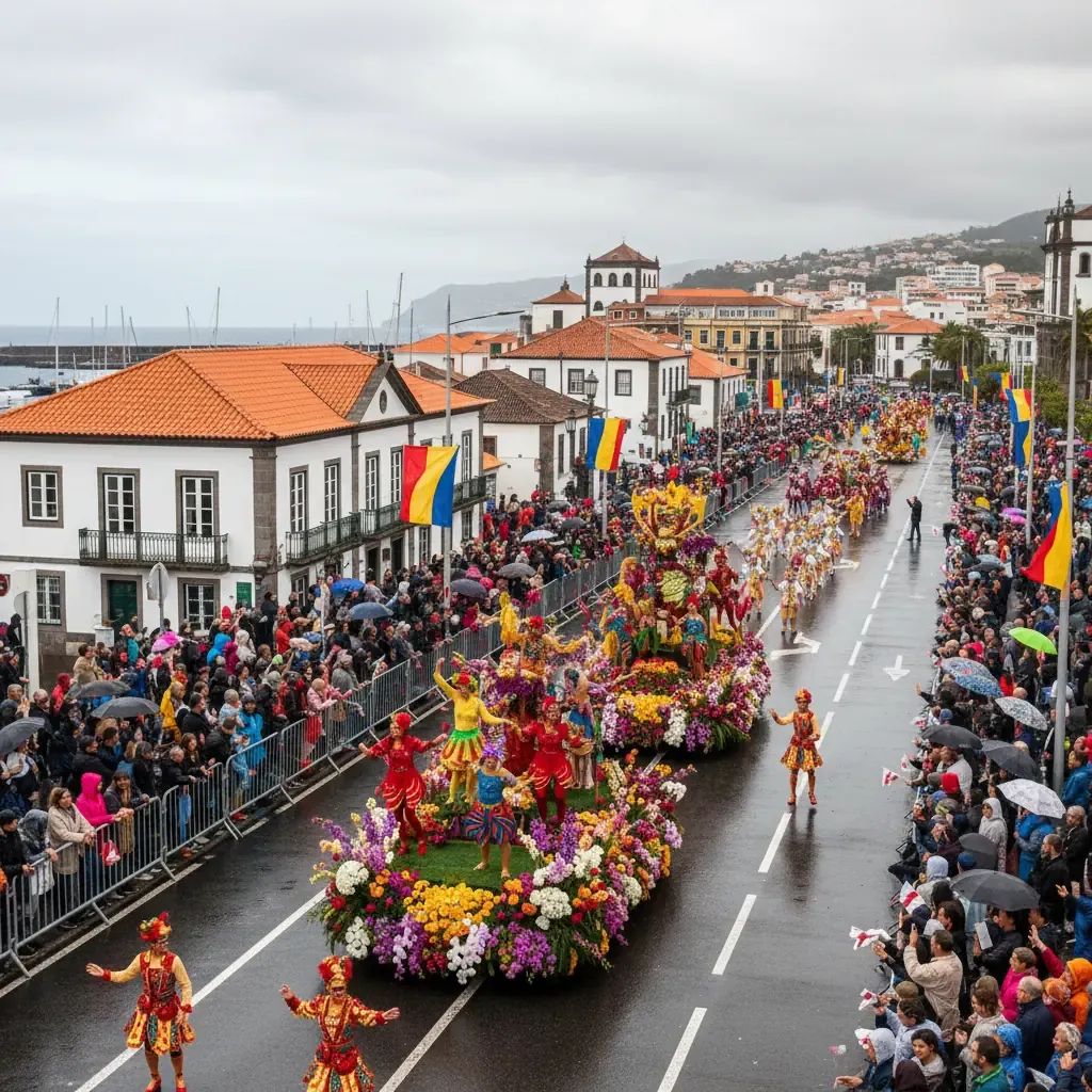 Colorful flower parade in Funchal with performers on flower-decorated floats, crowds of spectators lining the waterfront streets