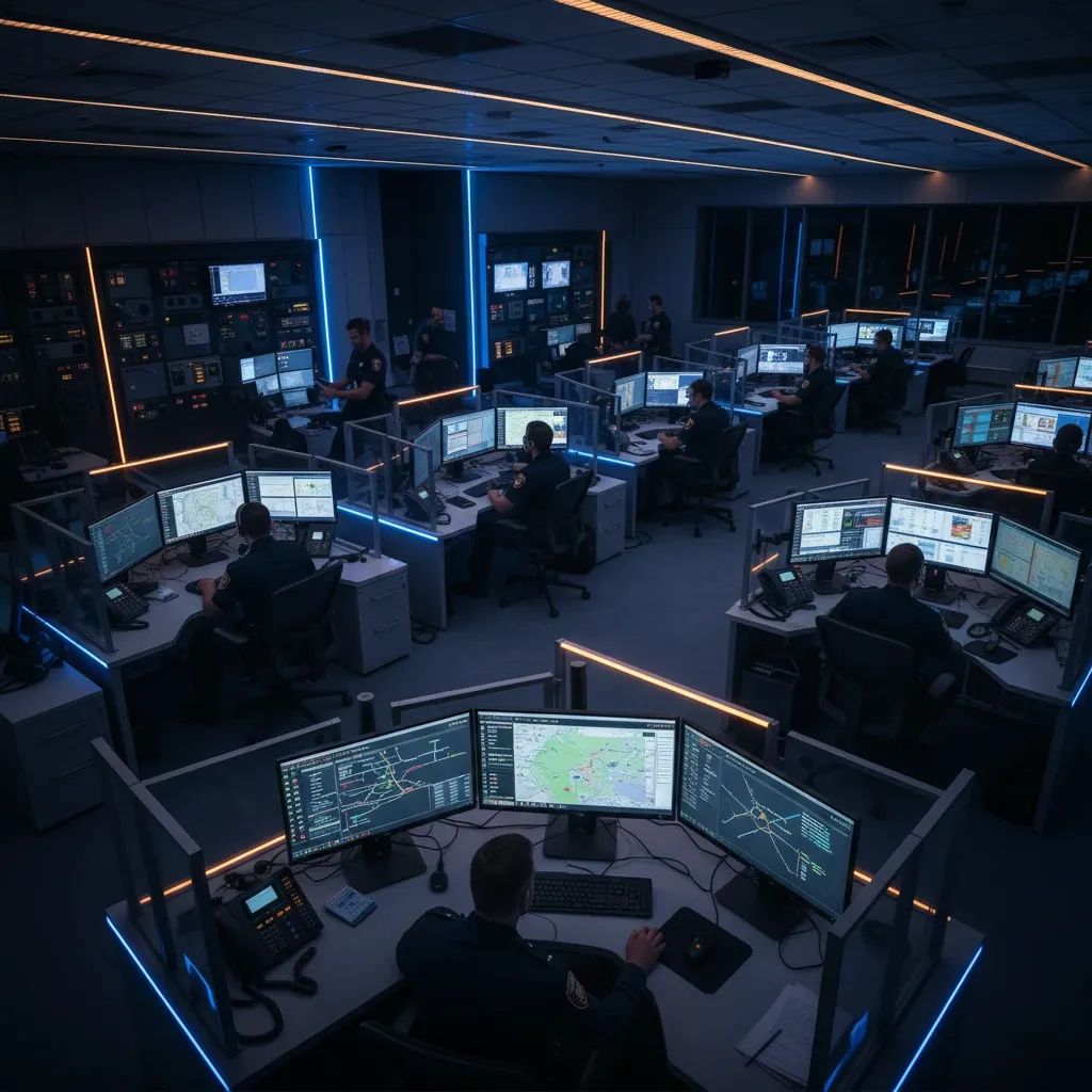 Emergency services control room with first responders monitoring SIRESP communication systems and radio equipment
