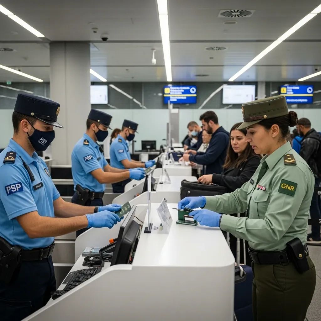 Uniformed PSP and GNR officers assisting passengers at Lisbon Airport passport control booths