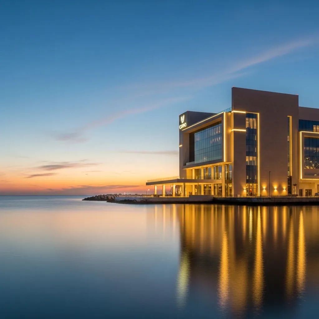 Illuminated modern casino building on Portuguese coast at dusk