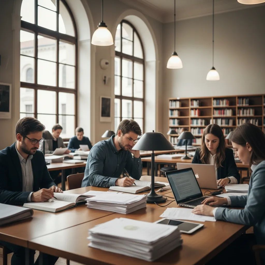 University staff and researchers working in a campus library, representing Portugal's education funding challenges