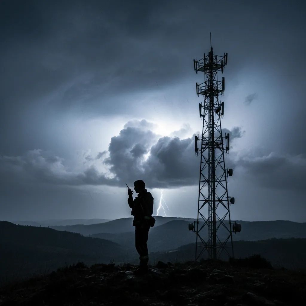 First responder silhouette holding a radio handset near a telecom tower under stormy sky