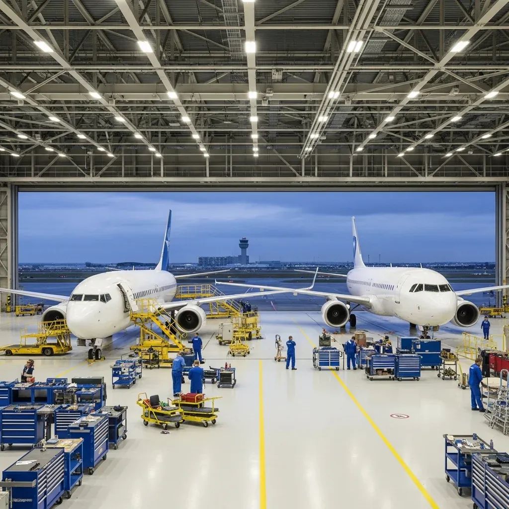 Interior of modern aircraft maintenance hangar with two narrow-body jets and technicians at work