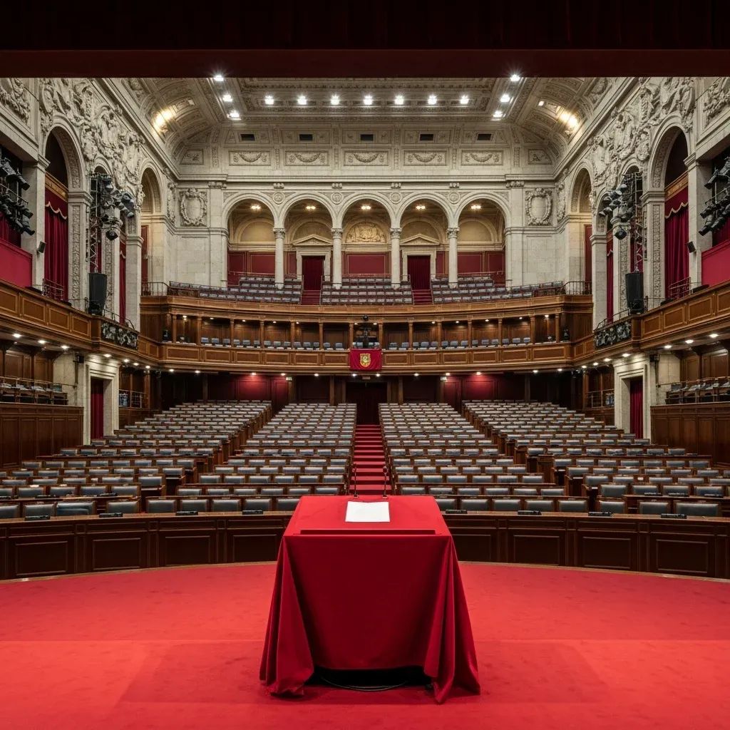 Empty Portuguese political congress hall with red-draped podium and rows of seats