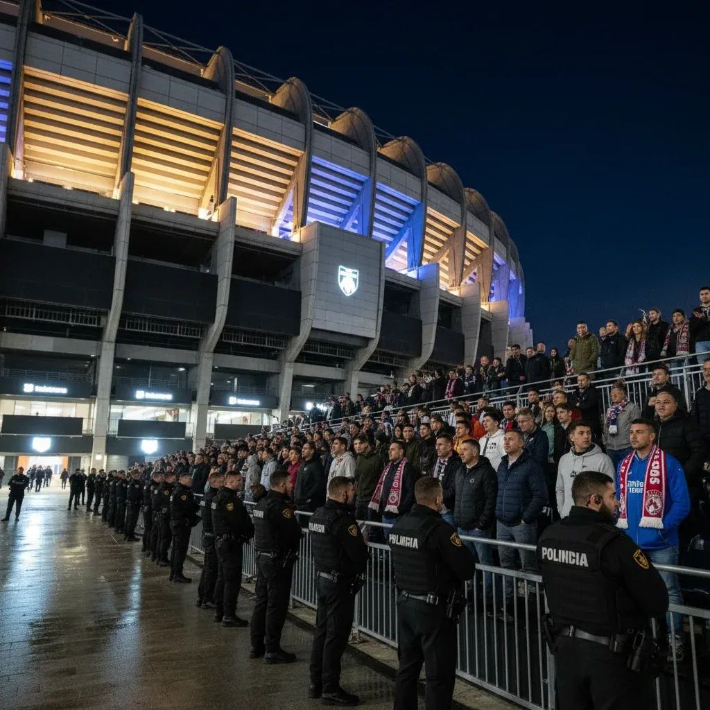 Santiago Bernabéu stadium during Champions League match with heavy security presence and supporters