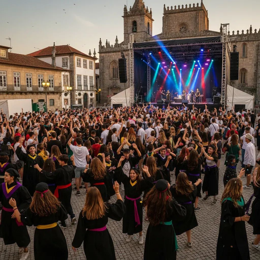 Festival crowds and stage setup at Coimbra's Queima das Fitas with historic architecture backdrop