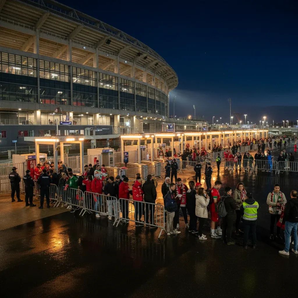 Football stadium entrance with security checkpoints, police officers and fans queuing under floodlights
