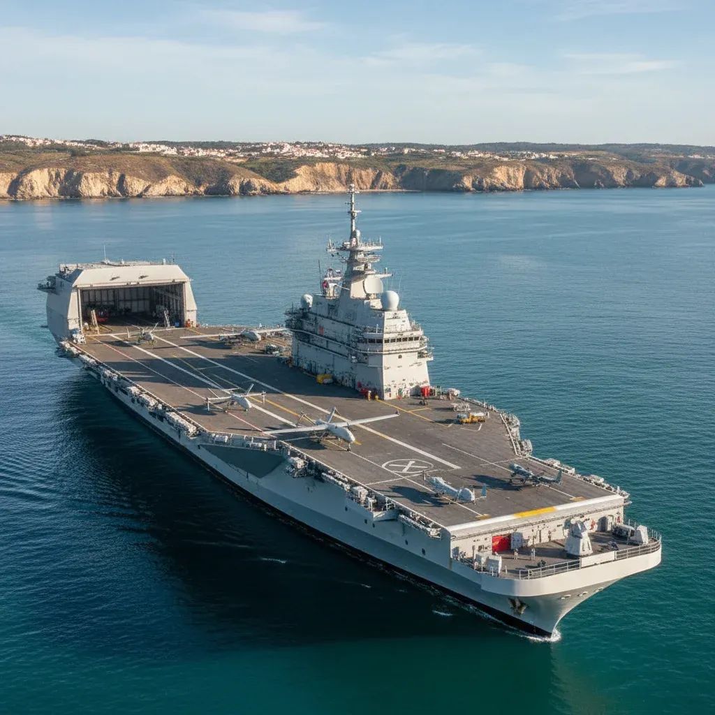 Modern Portuguese naval vessel with drone flight deck on calm waters, showcasing maritime technology innovation