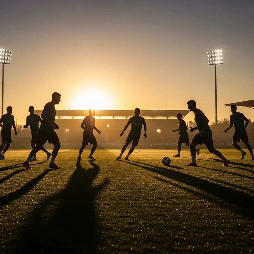 Silhouetted Portuguese national team players training on a stadium pitch at sunrise in red and green jerseys