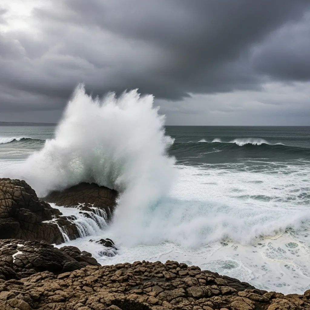 Rough stormy waves crashing on a rocky Portuguese coastline under grey skies