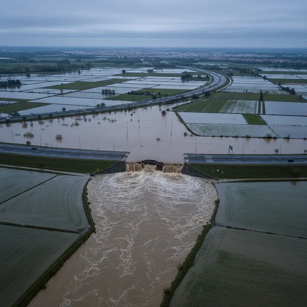 Aerial photo of flooded Mondego plain near Coimbra with broken levee and water covering part of the A1 motorway