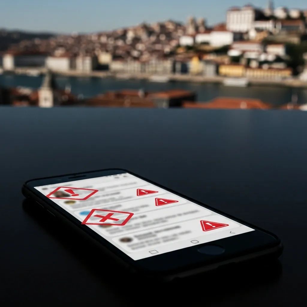Smartphone displaying blurred social media posts with warning icons against Lisbon skyline backdrop