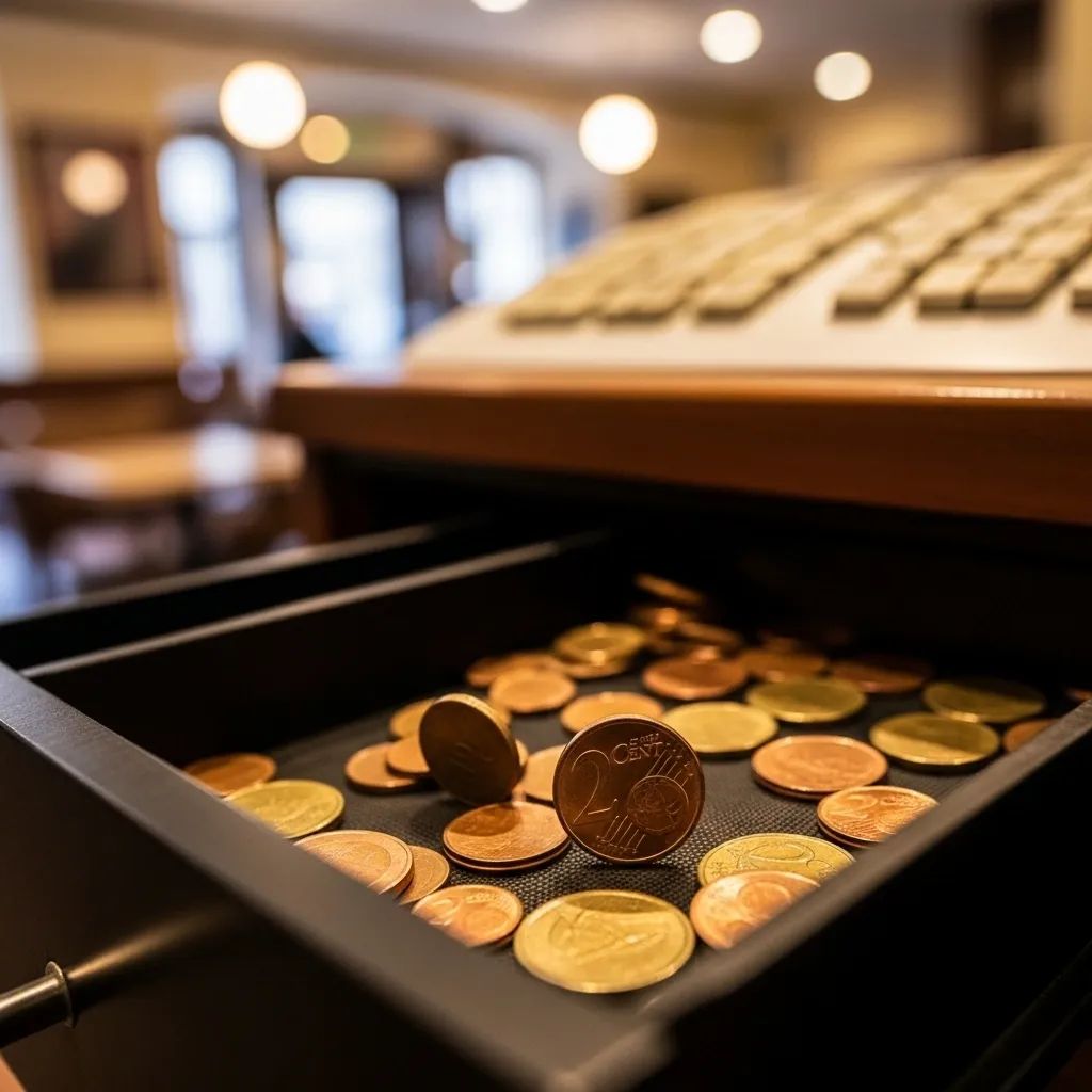 Cash register drawer in a Portuguese café filled with euro 1- and 2-cent coins