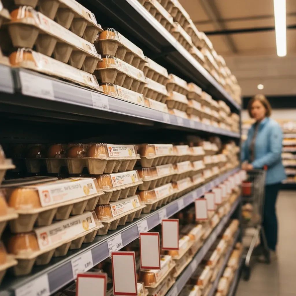 Egg cartons displayed on supermarket shelf with price tags showing increased costs