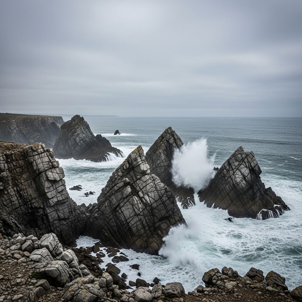 Rough Atlantic waves crashing against rocky Portuguese coastline under cloudy skies