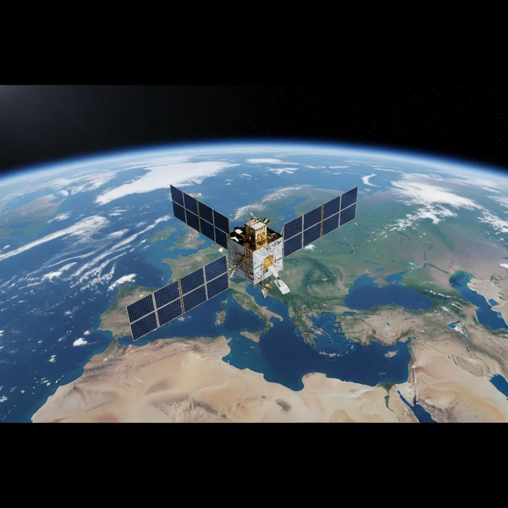 Satellite orbiting Earth above Portuguese Atlantic waters with EU regions visible