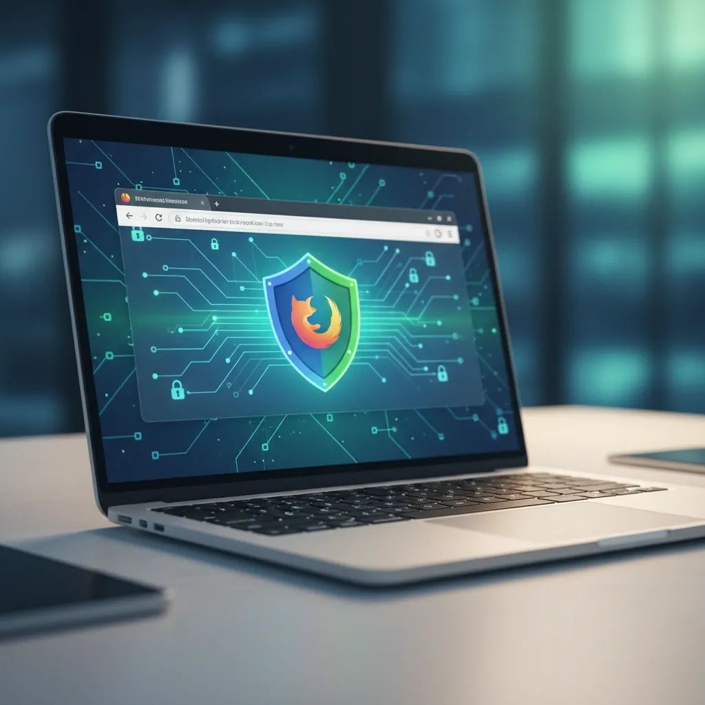 Digital security concept showing Firefox browser with protective shield and lock icons symbolizing security update