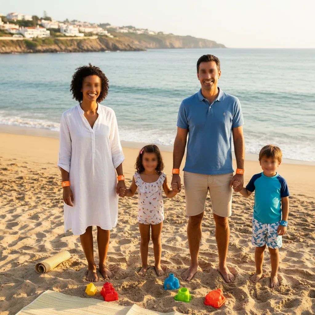Family with children at Portuguese beach wearing safety identification wristbands for child protection program