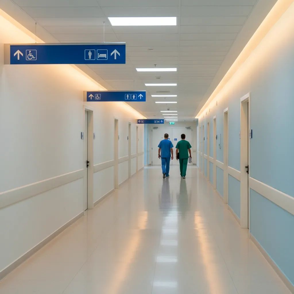 Hospital corridor with medical signage suggesting healthcare facility reorganization and emergency services consolidation