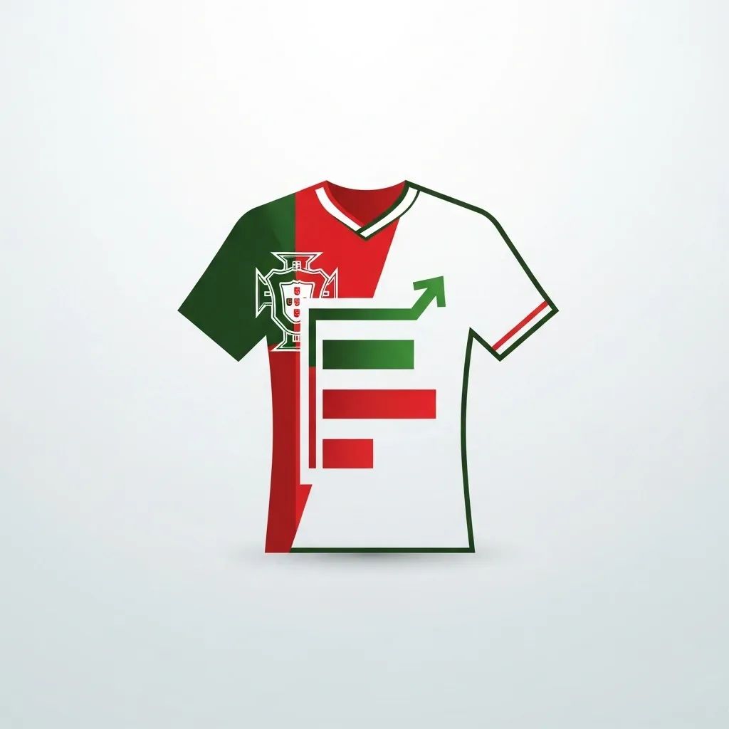 Infographic of Portugal soccer jersey with ranking chart and upward arrow in red and green
