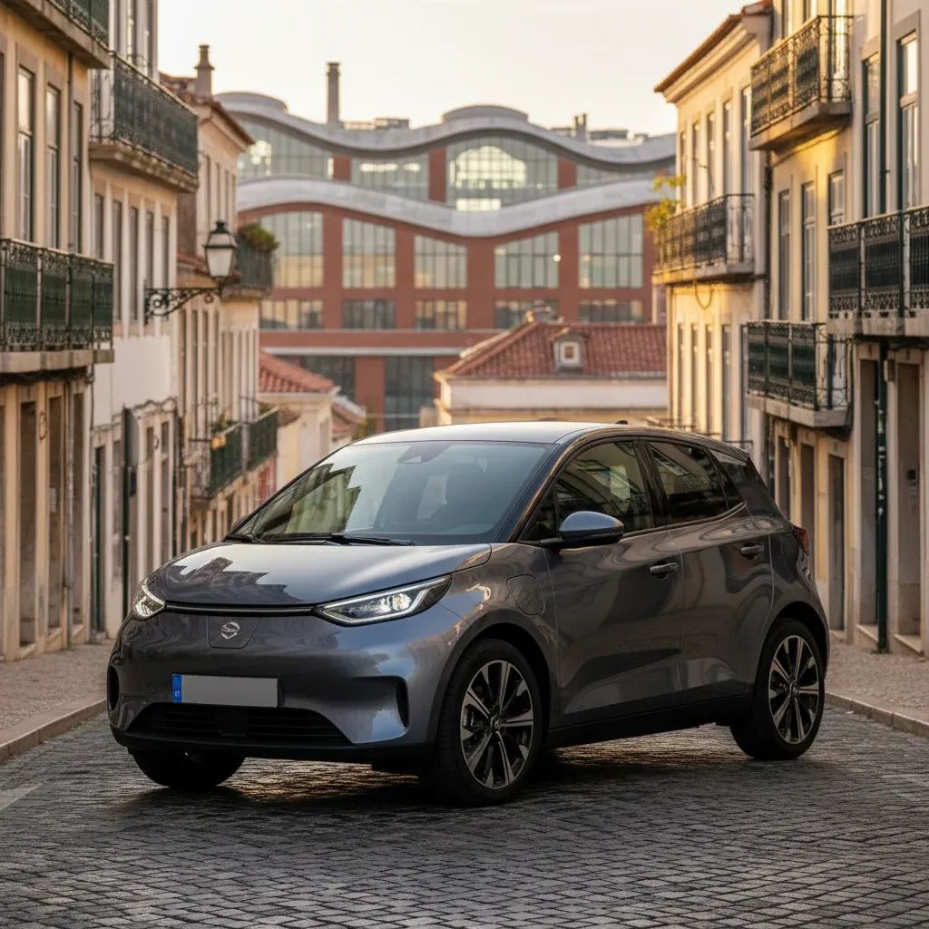 Compact electric vehicle prototype in urban Portuguese street with Barcelona factory backdrop