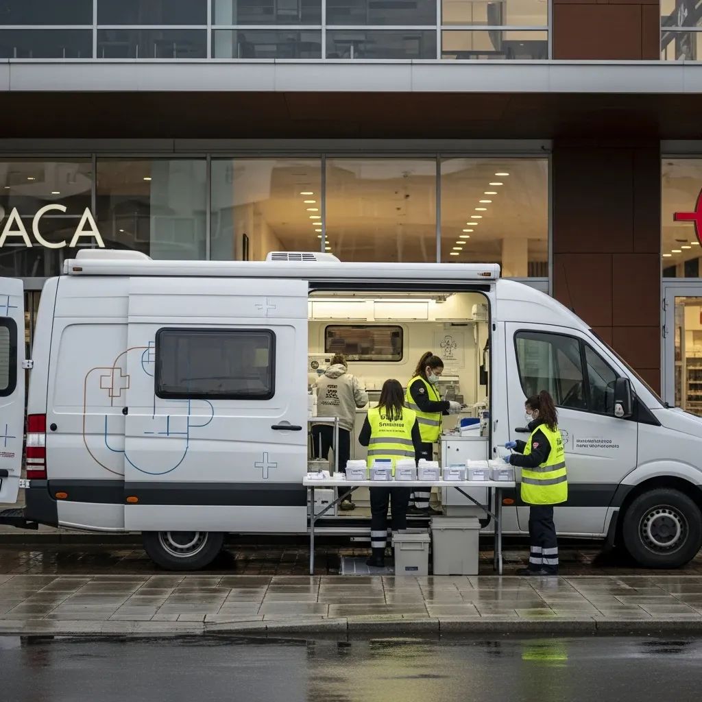 Mobile vaccination unit outside Portuguese shopping centre preparing winter COVID-19 boosters