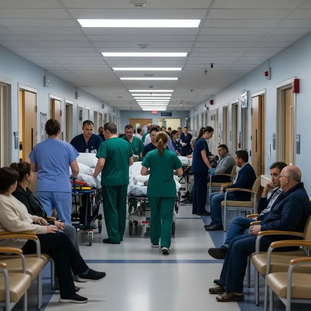Busy hospital emergency corridor with medical staff and patients waiting