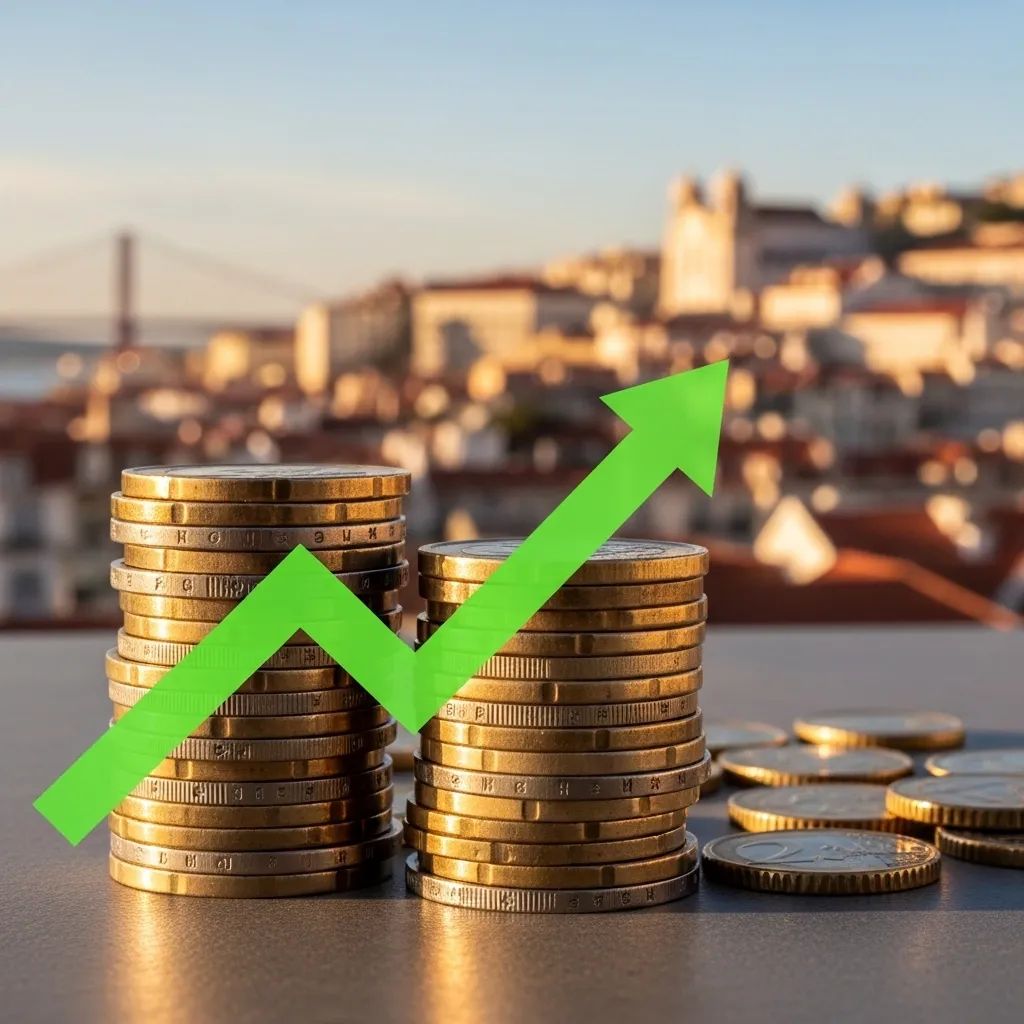 Stacked euro coins with upward arrow and Lisbon skyline in background