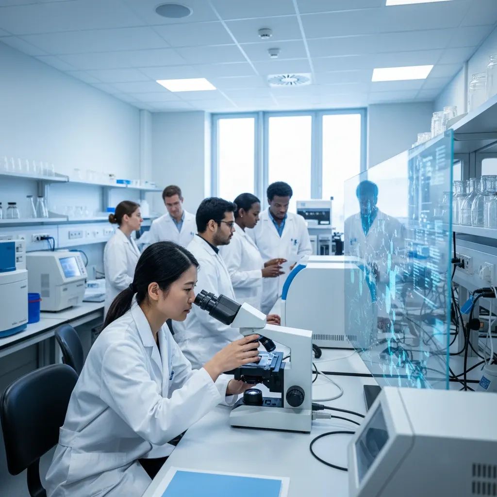 Scientist conducting research in modern laboratory setting with advanced microscopy equipment