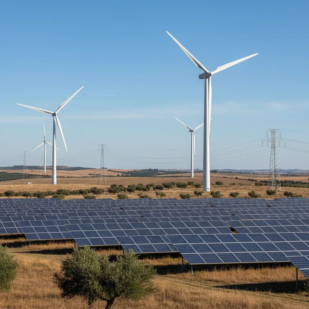 Solar panels, wind turbines and high-voltage power lines in a Portuguese landscape