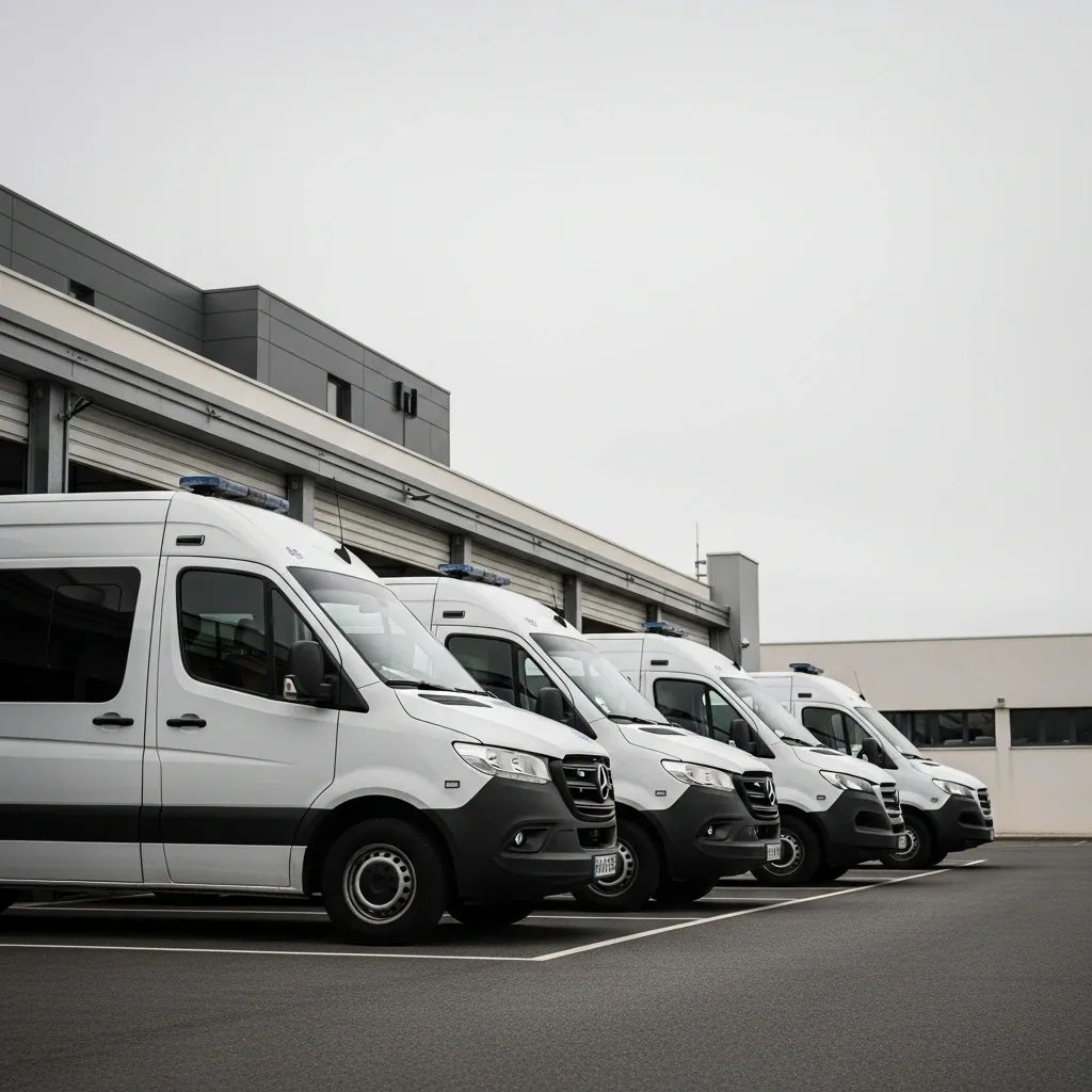 Row of parked ambulances with closed garage doors at an emergency services station