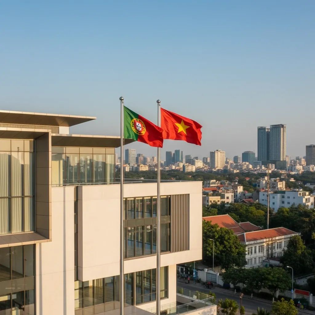 Portuguese and Vietnamese flags displayed at new embassy building in Hanoi