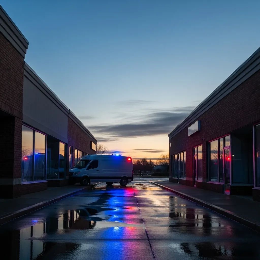 White cargo van wedged between brick storefronts with flashing police lights at dawn