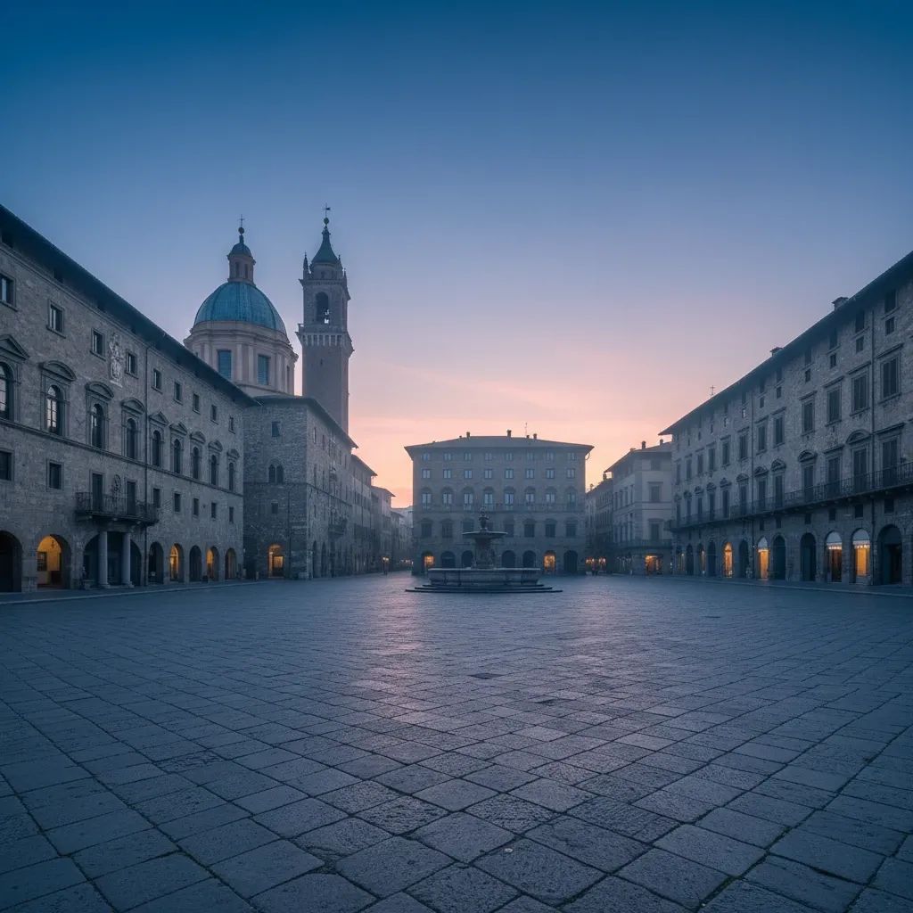 Historic Praça do Giraldo in Évora, early morning light on empty cobblestones and Renaissance architecture