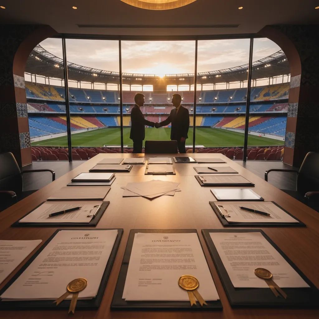 Business documents and stadium concept representing Ronaldo's football club investment