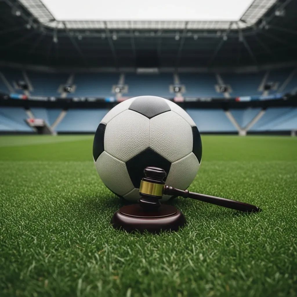 Judge's gavel resting on a football on a stadium pitch
