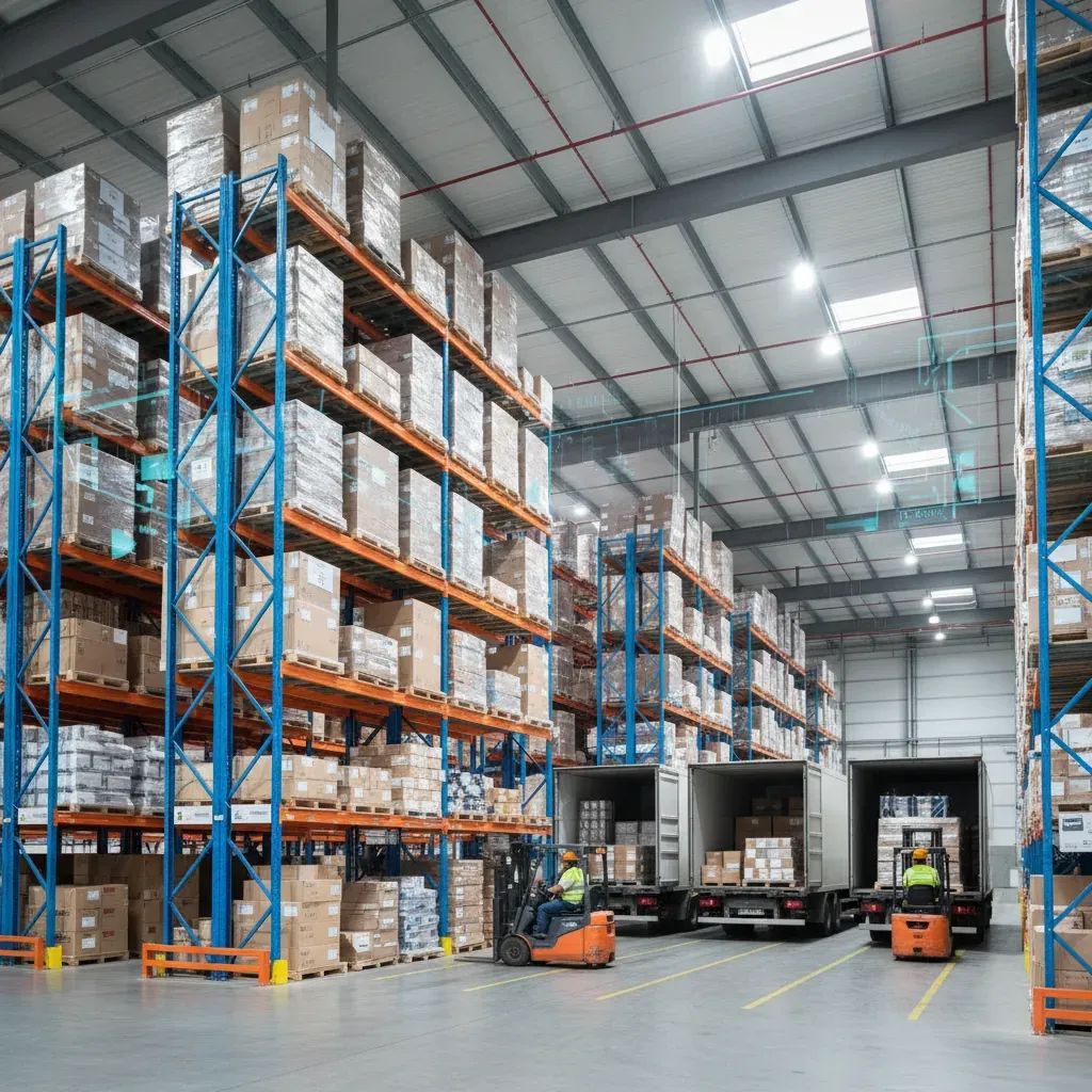 Modern Portuguese warehouse with stocked shelves and loading trucks, symbolising resilient AI-driven supply chain