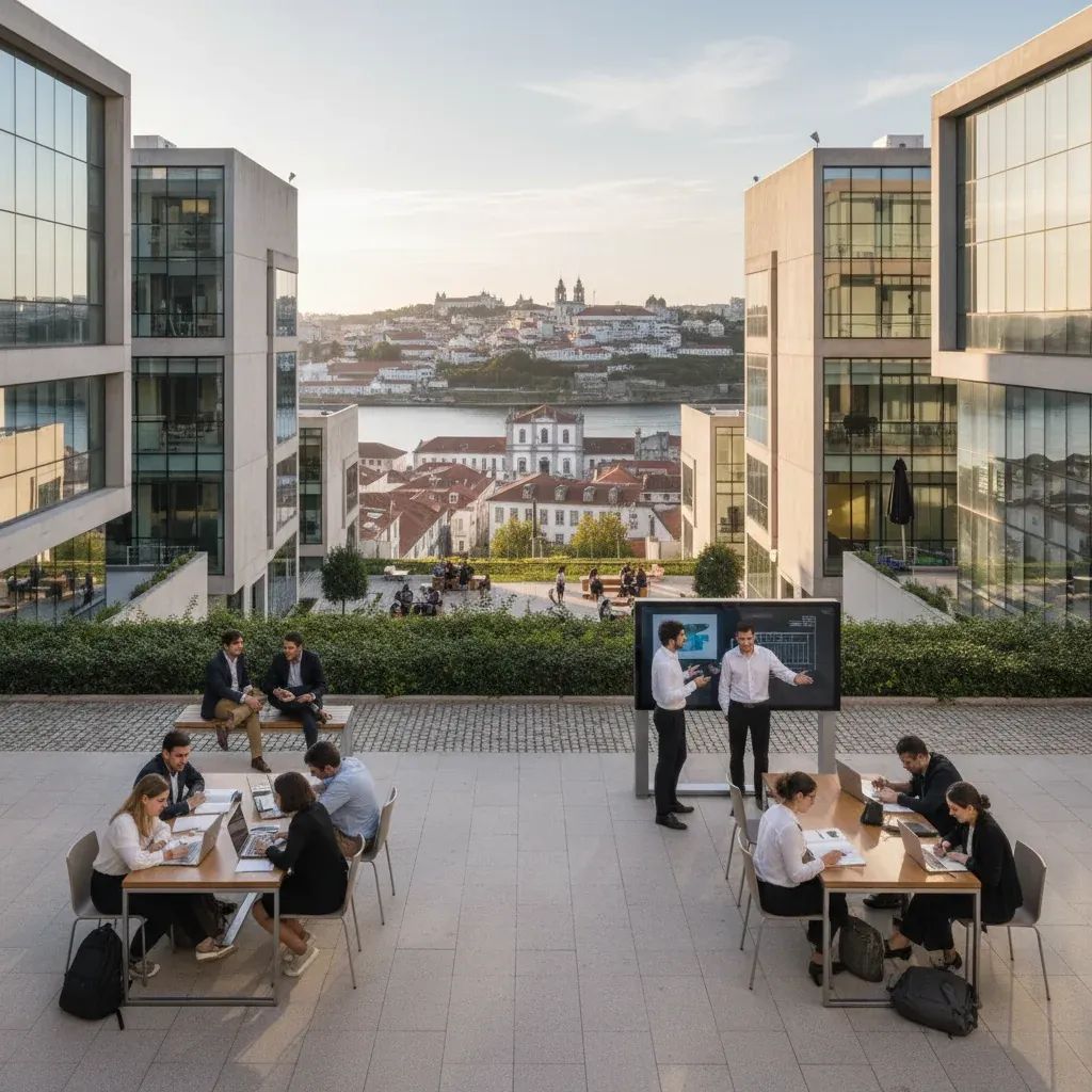 University campus with students studying outdoors, symbolizing doctoral research and academic funding in Portugal