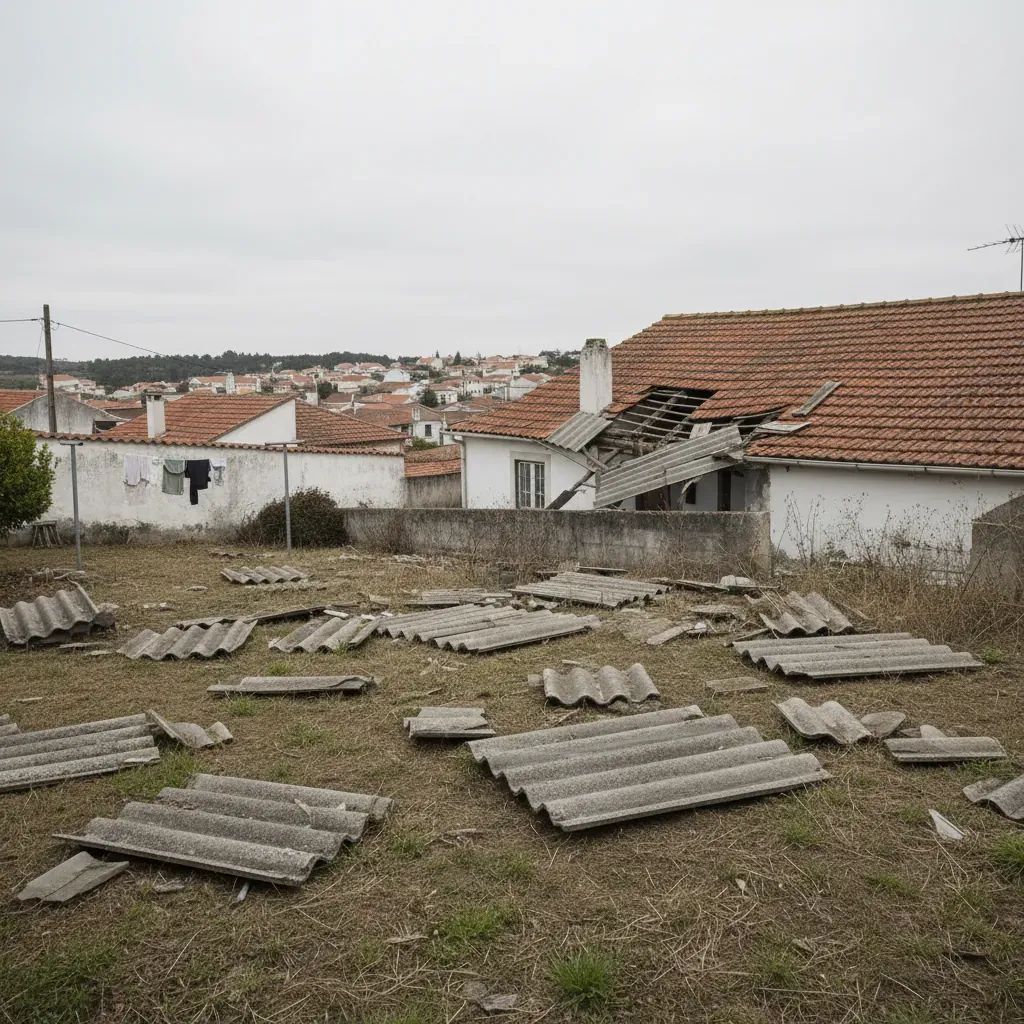 Broken grey asbestos roof panels scattered in a Portuguese backyard after a storm