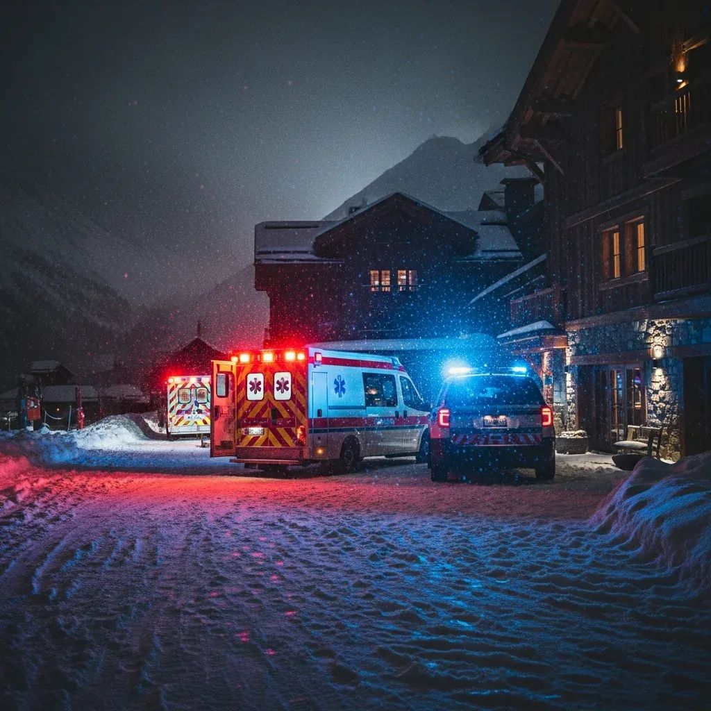 Snowy Alpine resort street at night with flashing emergency vehicle lights