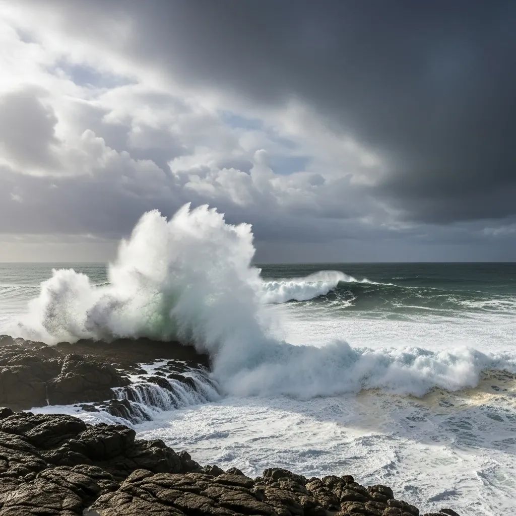 Rough Atlantic waves crashing on rocky Portuguese coastline under stormy skies