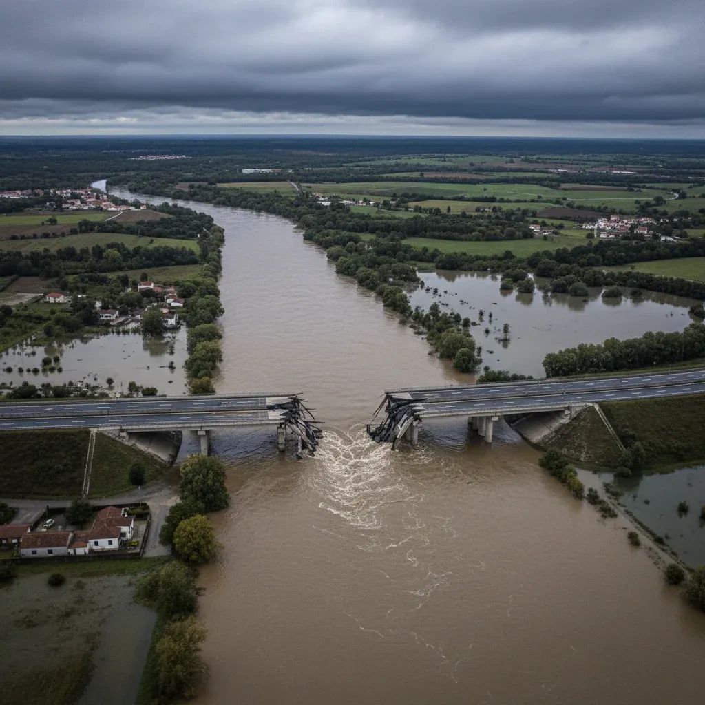 Drone image of Mondego River floodwaters submerging fields and breaking a span of the A1 motorway near Coimbra