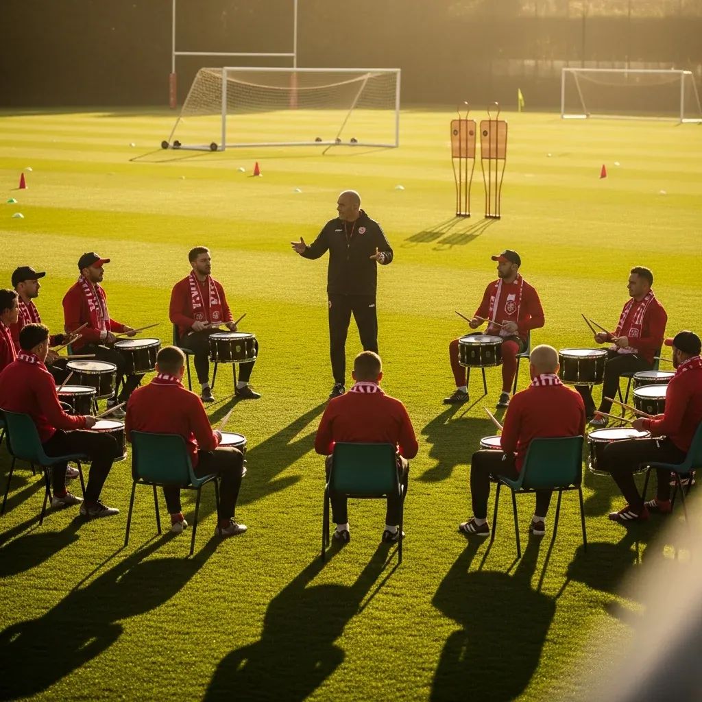 Football coach speaking to Benfica fans wearing red scarves on a training pitch