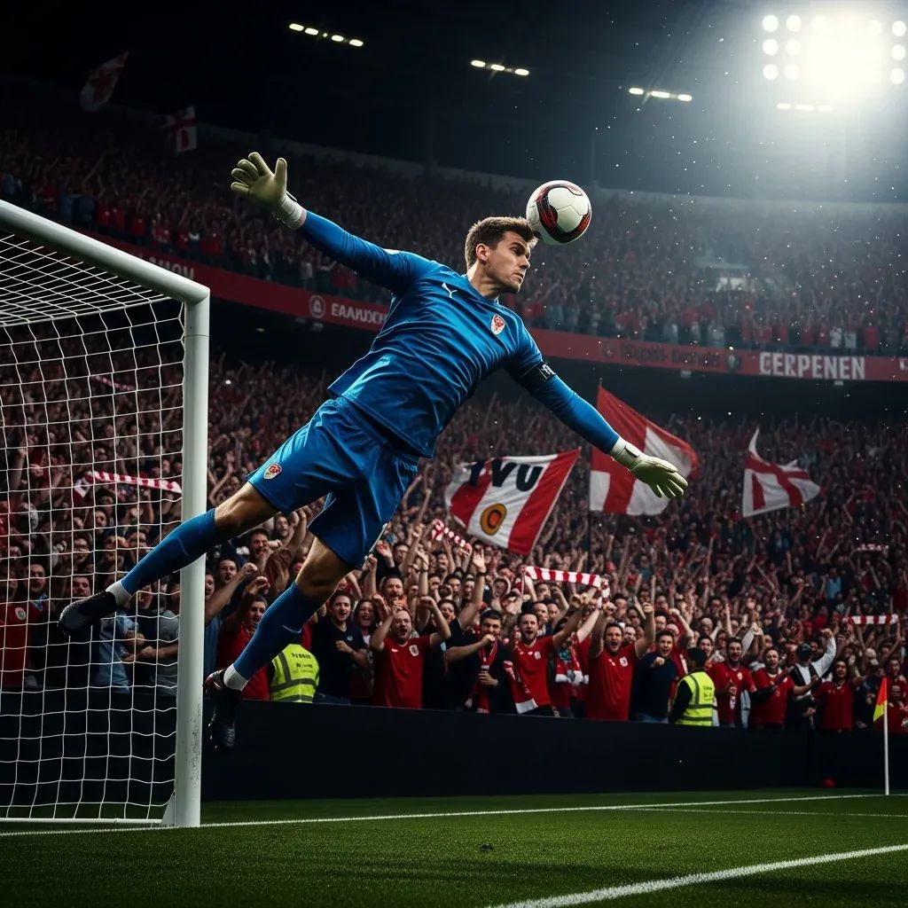 Goalkeeper jumping to head the winning goal in a packed stadium with cheering fans
