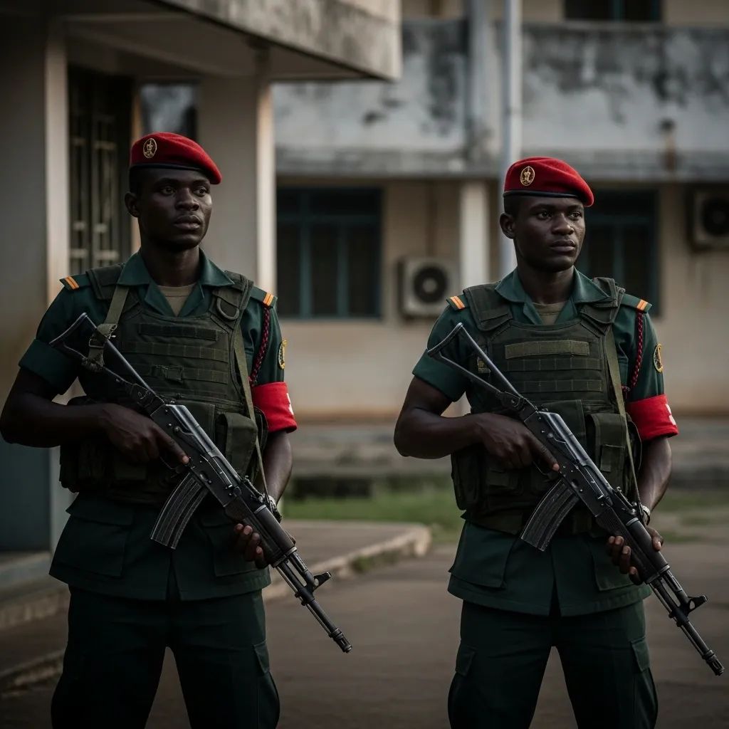 Armed military guards standing outside a government building in Guinea-Bissau