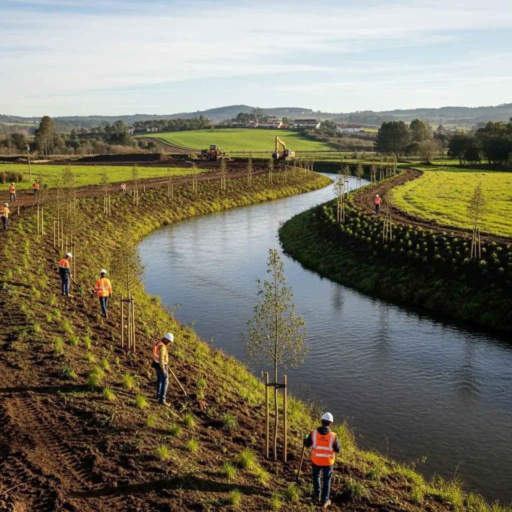 Wide shot of a Portuguese river undergoing ecological restoration with machinery and new riparian vegetation