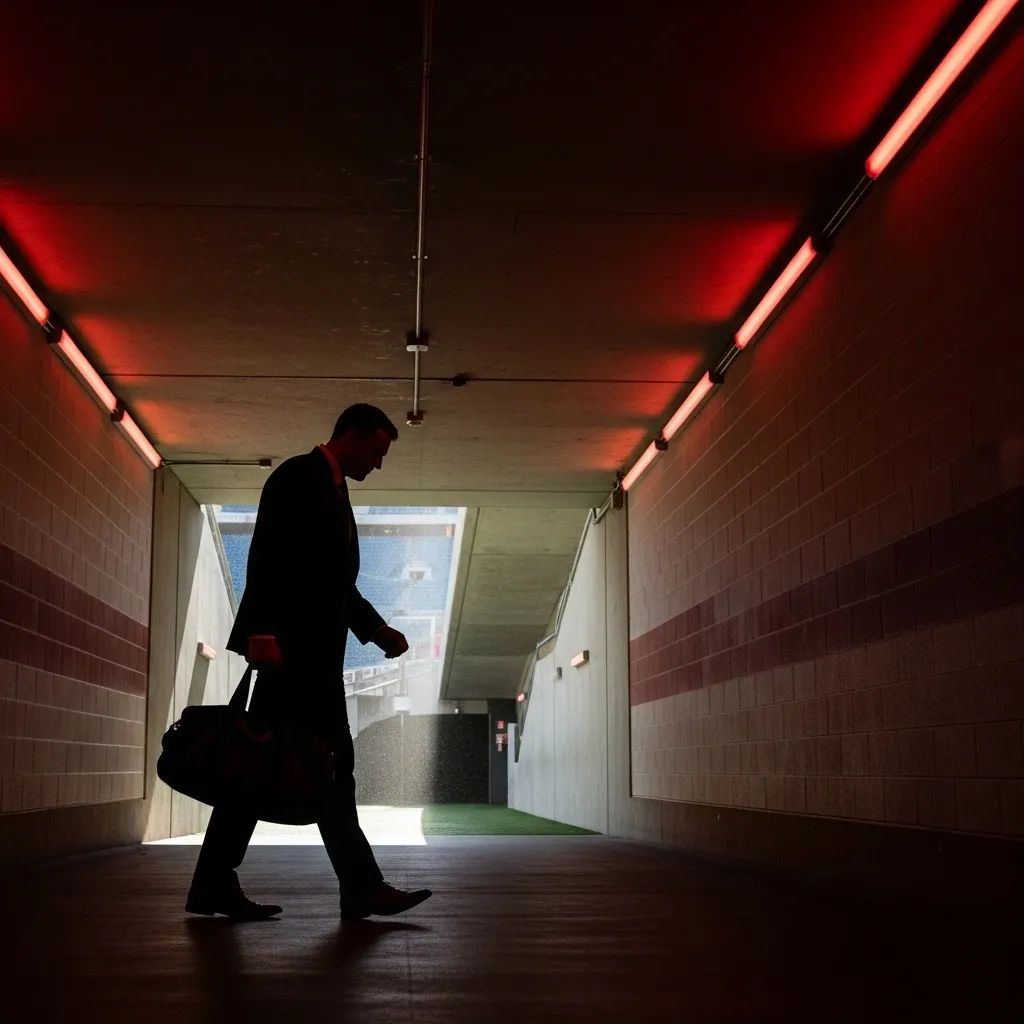Silhouette of a football coach walking through an empty stadium tunnel with red accents